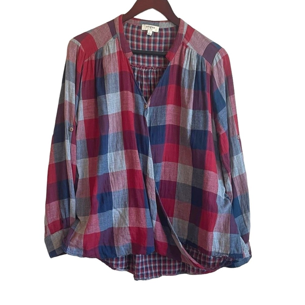 Umgee Women Top L Blue Red Plaid Cotton Popover Wrap Hem Long Sleeve Preppy